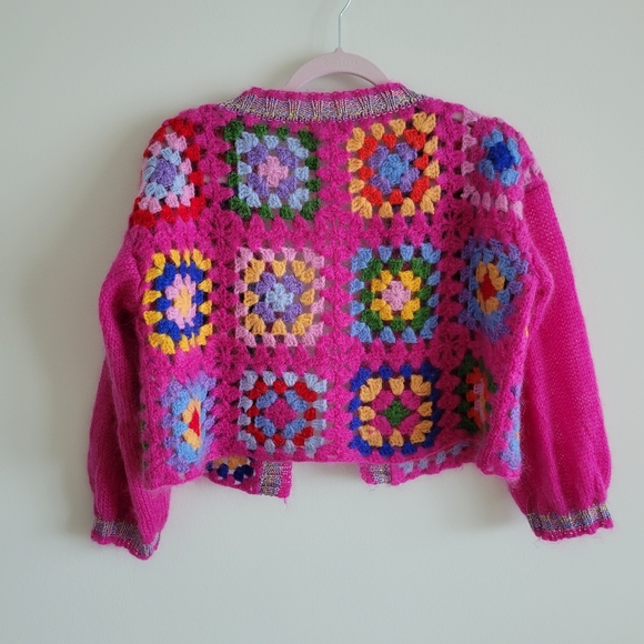 Rose Carmine crochet knit cardigan granny square mohair wool size small cropped - Picture 5 of 10